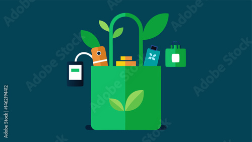 Green Shopping Bag A reusable shopping bag filled with plants and electronics symbolizing ecofriendly purchases.