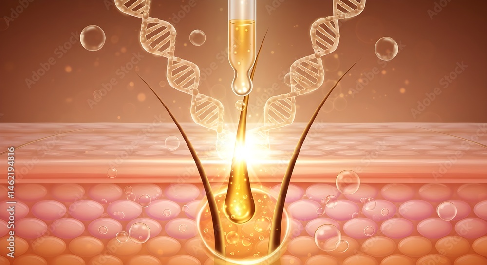 Microscopic view of serum penetrating hair follicle. Healthy hair growth concept.