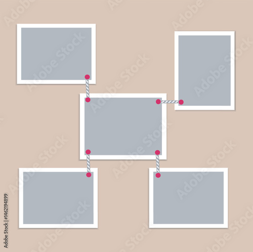Set of 5 empty photo cards united with ropes. Mockup for photos, collages, cards, presentation. Creative Blank template. Photo frames with white frame on beige background. EPS10. 