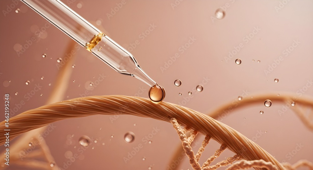 A drop of amber liquid is delicately placed onto a DNA strand, highlighting scientific research and innovation.