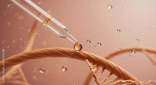 Obraz na płótnie A drop of amber liquid is delicately placed onto a DNA strand, highlighting scientific research and innovation. w salonie