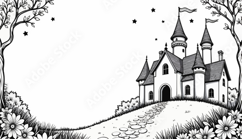 Fairy tale book cover with castle illustration on white background  