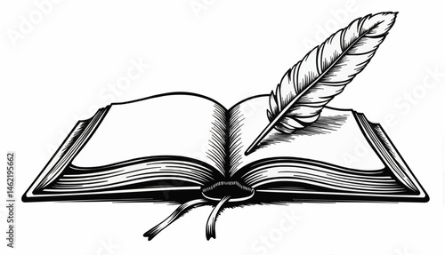 Open Book and Quill - World Book Day Illustration in Black and White  