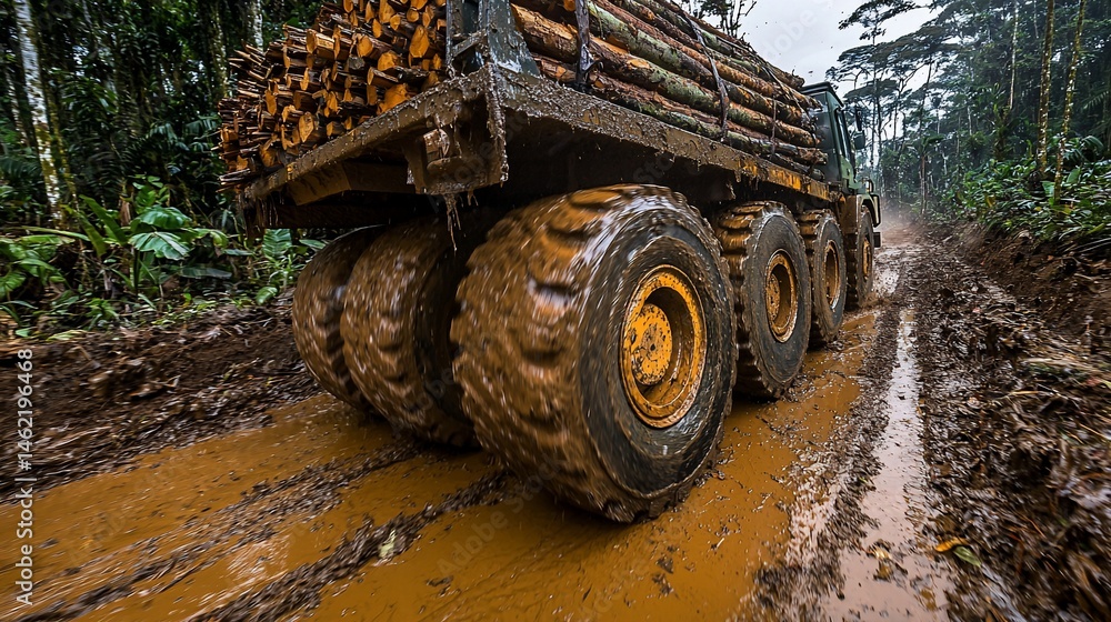 Fototapeta premium Logging truck navigating muddy forest road