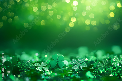 Lush Green Clover on the Ground, Illuminated by Sparkling Green Lights in the Background, Evoking the Joyful Celebration and Natural Beauty Associated with St. Patrick's Day and Irish Traditions