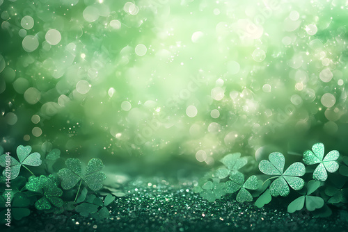 Lush Green Clover on the Ground, Illuminated by Sparkling Green Lights in the Background, Evoking the Joyful Celebration and Natural Beauty Associated with St. Patrick's Day and Irish Traditions