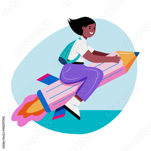 Student sitting on a flying pencil showing learning fun, flat illustration