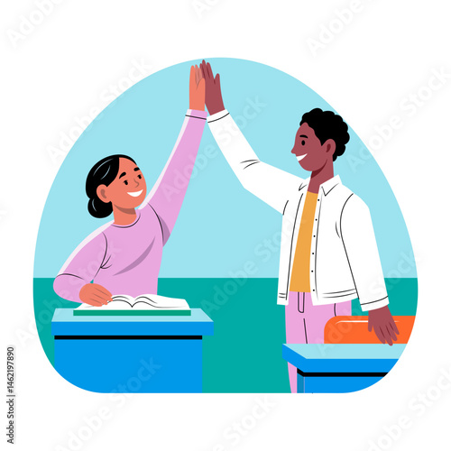 Two students giving high five in a classroom, flat illustration