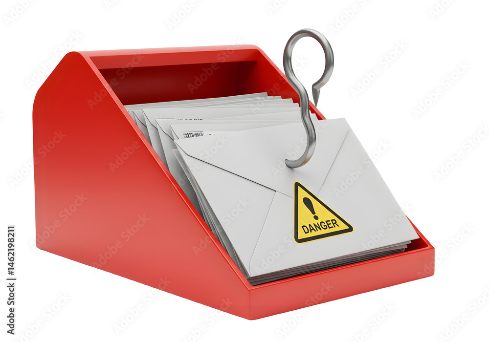 Red mail tray with envelopes and a danger sign. Urgent mail concept.