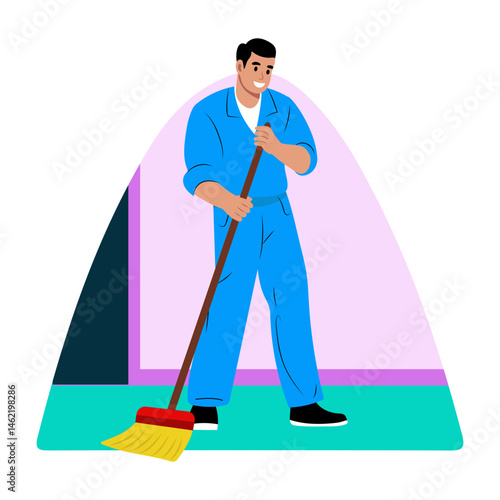 A flat illustration showing school janitor doing his work
