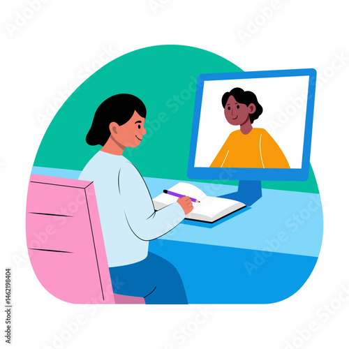 A teacher giving an online lecture to the student, flat illustration
