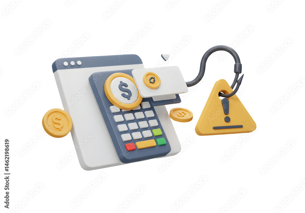 3D rendering of online payment fraud. Warning sign hooked to a digital payment terminal.