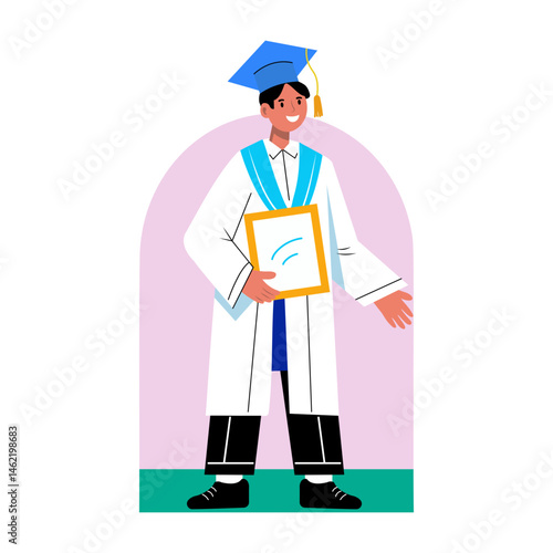 A flat style illustration of a graduate student