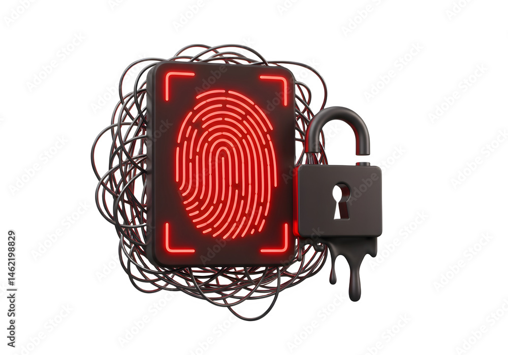 Cybersecurity concept: Red fingerprint scan with a padlock.