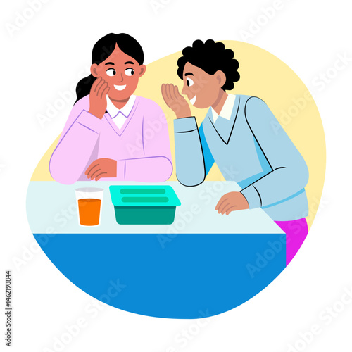 Two friends sharing secrets with each other, flat illustration