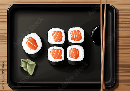 Delicious Salmon and Eel Sushi Rolls with Sesame Seeds and Green Onions, Served on a Textured Black Plate with Chopsticks and Soy Sauce, Showcasing Fresh Asian Flavors and Culinary Presentation