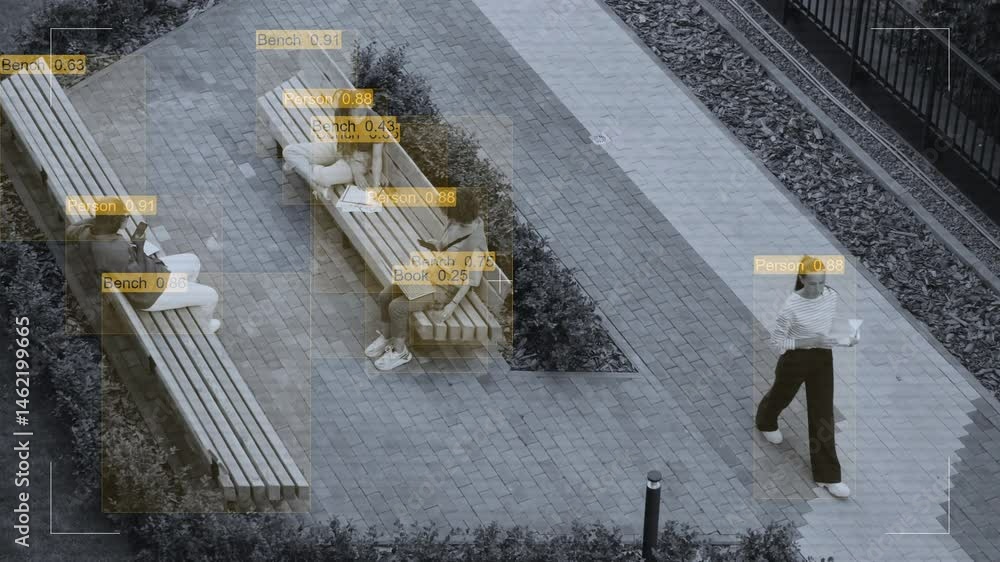 CCTV shot with visual effects filming business people in office ...