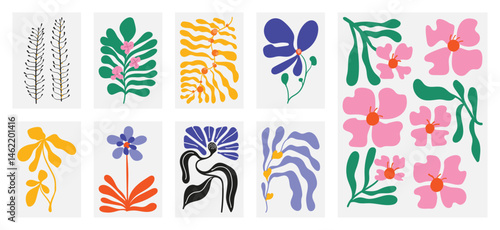 Botanical doodle background art vector set. Flower and leaves abstract shape doodle art design for print, wallpaper, clipart, wall art for home decoration.