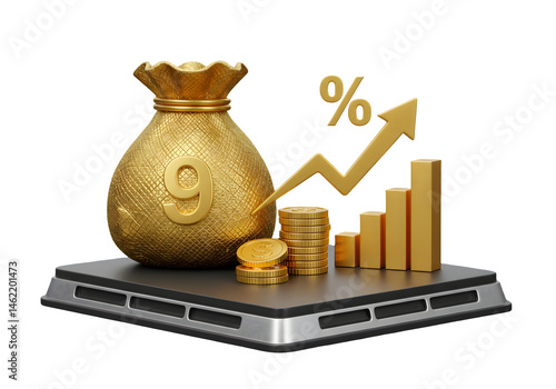 Golden money bag with 9% growth chart.  Financial success concept.