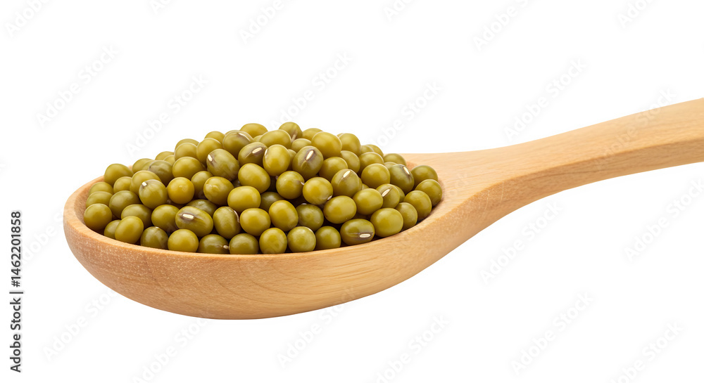 Mung beans in a wooden spoon. Healthy and nutritious.