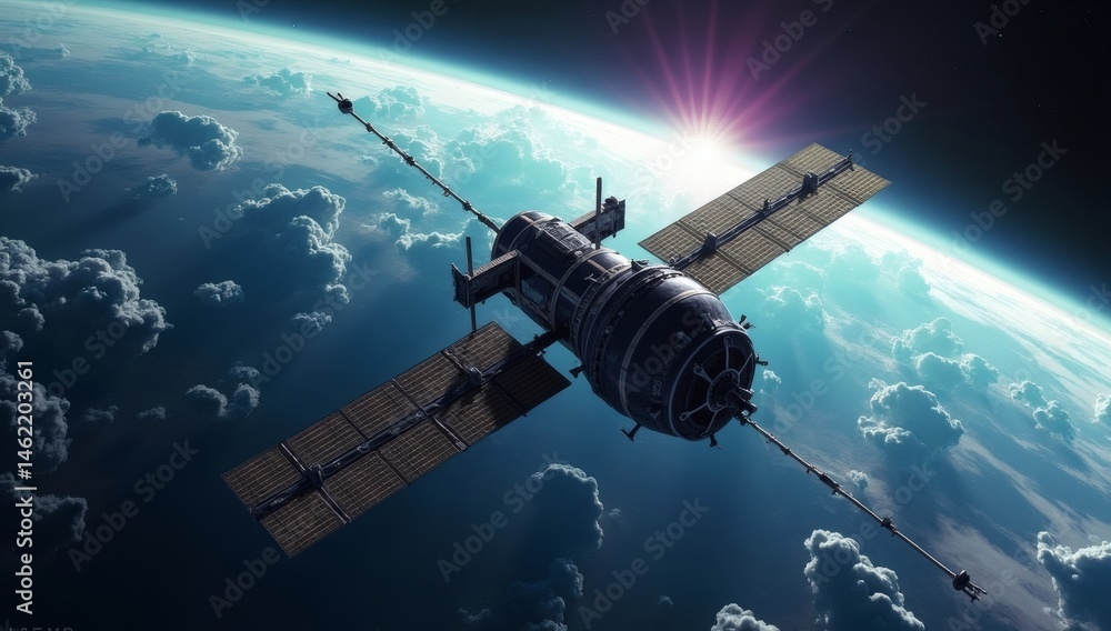 Obraz premium A stunning satellite in space, capturing the curvature of Earth with illuminated cities below and advanced solar panels providing energy, symbolizing the future of space exploration