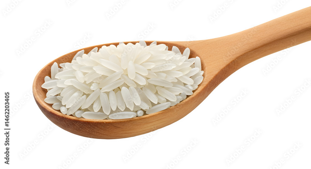 Close-up of uncooked white rice in a wooden spoon. Simple, clean, and natural. Isolated on white or transparent background Close-up of uncooked white rice in a wooden spoon. Simple, clean, and natural. Isolated on white or transparent background