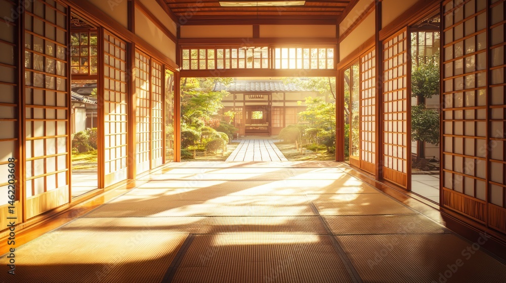 Fototapeta premium Tranquil Japanese interior. Sunlight streams through traditional shoji screens, revealing a serene garden beyond
