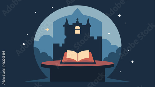 Mystical Reading Corner In a cozy nook an open book rests on a round table. As the sunlight filters in the intricate shadow of a grand castle fills the wall complete with turrets