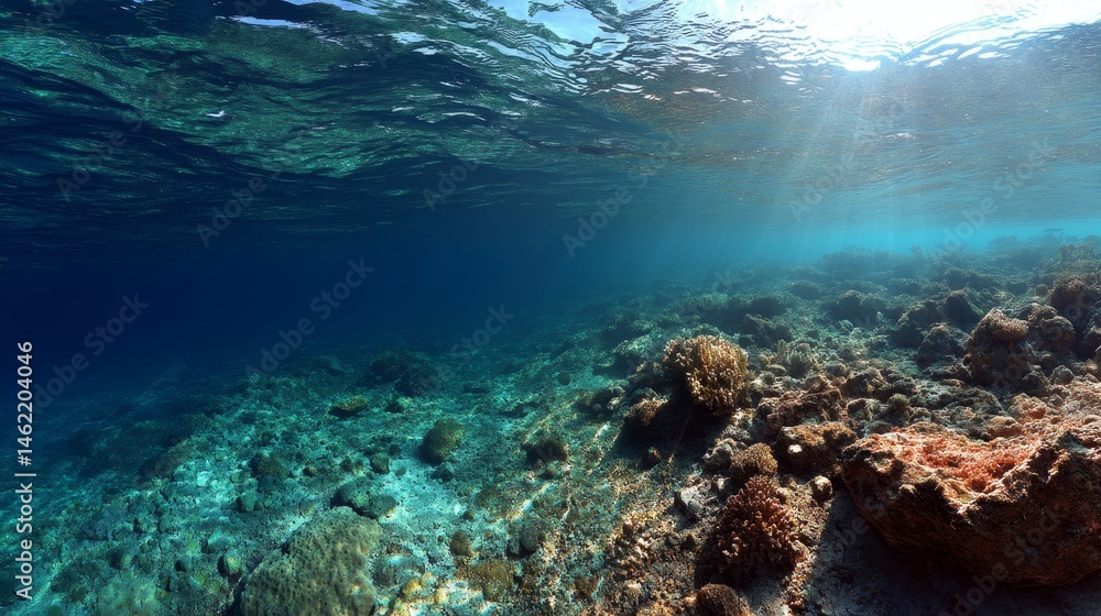 Fototapeta premium underwater photo blue background panorama ocean surface and bottom of the sea