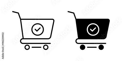 Shopping cart and check mark Icon set. Symbol isolated white background. vector illustration. color editable.