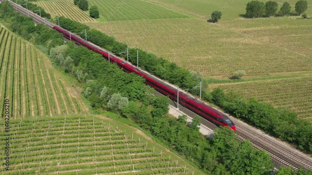 Red Train frecciarossa 1000 aerial View speed red High speed Train two red-train-frecciarossa-1000-aerial-view-speed-red-high-speed-train-two