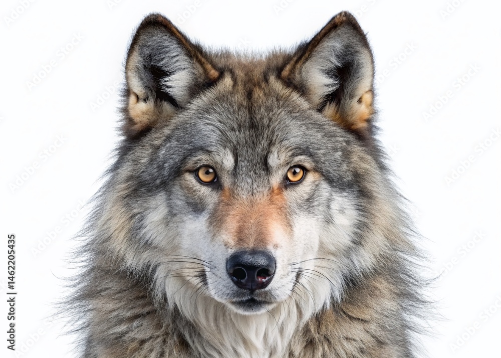 Obraz premium Gray Wolf Close Up, Isolated on White Background - Low Light Photography Stock Photo