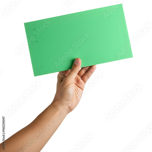 Obraz na płótnie Hand holding a blank green sign. Perfect for your message! w salonie