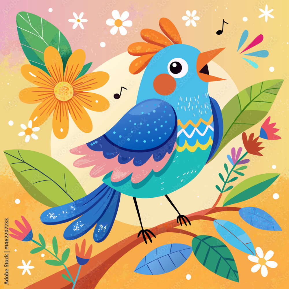 Happy Singing Bird on Branch with Colorful Flowers and Leaves Happy Singing Bird on Branch with Colorful Flowers and Leaves