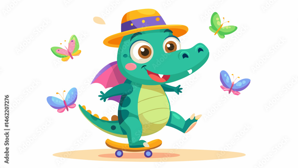 Naklejka premium Cute Cartoon Dragon Skateboarding with Butterflies