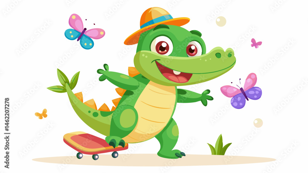 Obraz premium Happy Green Crocodile Cartoon Character Skateboarding with Butterflies