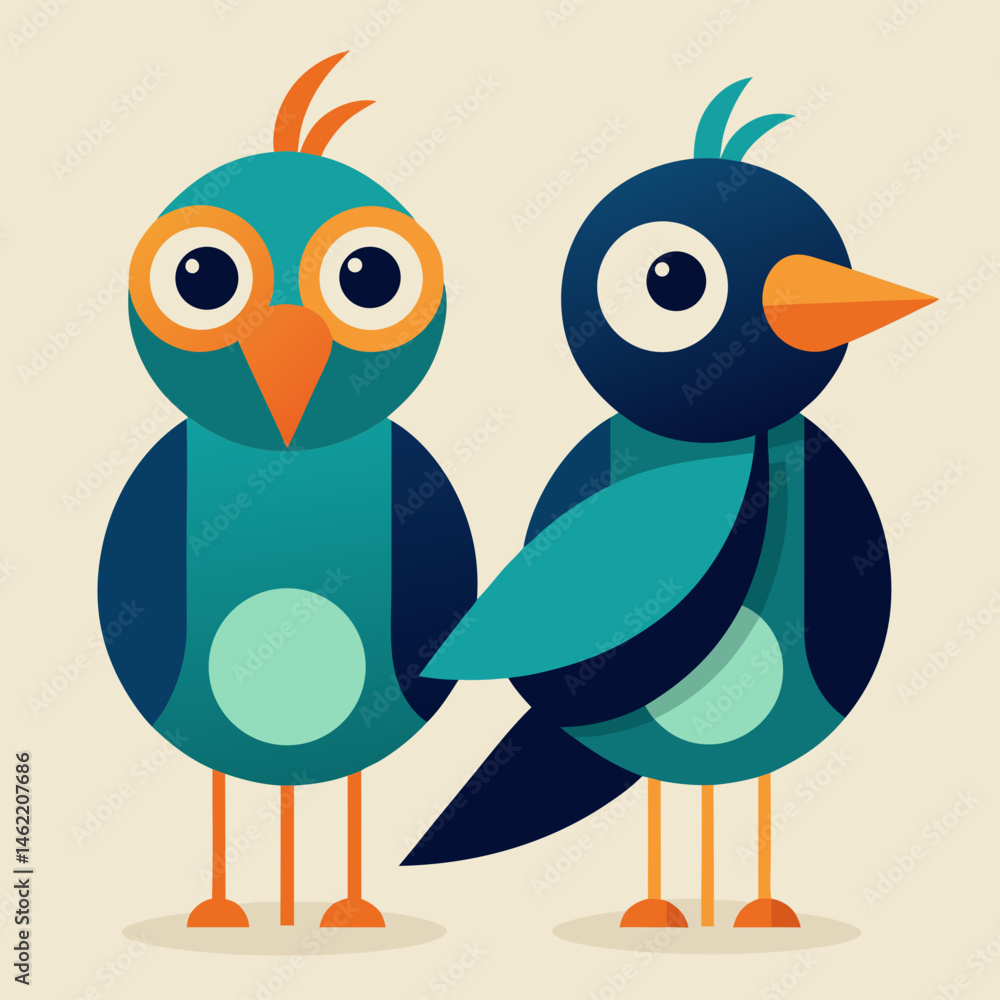 Fototapeta premium Two Cute Cartoon Birds in Geometric Style Illustration