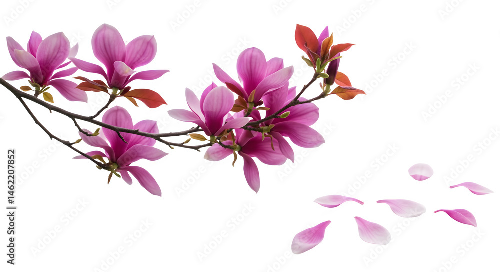 Delicate pink magnolia blossoms gently falling petals against a black background.
