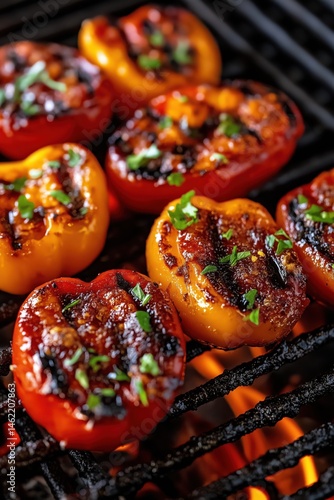 Juicy roasted peppers sizzling on barbecue grill over open flames during summer cookout
