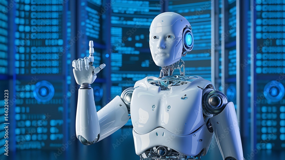 Naklejka premium 3D humanoid AI robot metaverse cyberspace digital world background, revolution of AI artificial intelligence automated digital technology industry 4.0, artificial intelligence, 3D Humanoid art