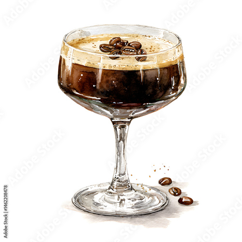 PNG Espresso Martini with coffee beans on top in a coupe glass, watercolor painting style, isolated on white