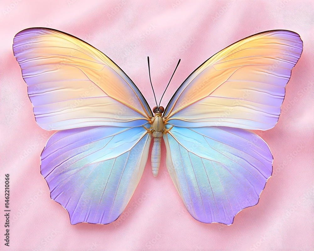 Pastel-hued butterfly with iridescent wings on pink fabric Pastel-hued butterfly with iridescent wings on pink fabric