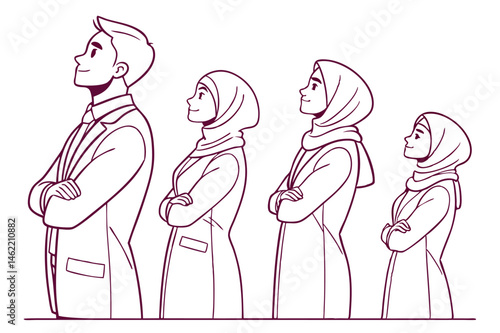 Young Muslim Businesspeople Line Drawing with Crossed Hands Vector Art