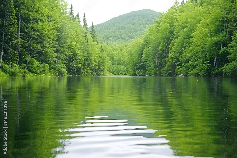 Serene lake reflecting lush green forest and distant hills Serene lake reflecting lush green forest and distant hills