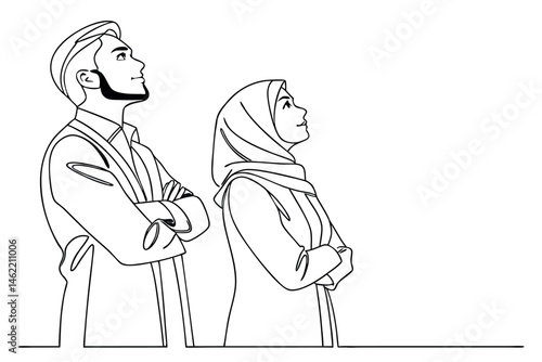 Young Muslim Businesspeople Line Drawing with Crossed Hands Vector Art