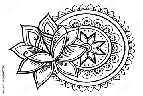 5 Intricate mandala design, lotus flower centerpiece, ornate floral patterns, symmetrical geometric shapes, black and white line art, intricate swirls and curves, delicate dotwork details, circular co