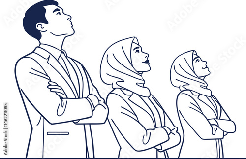 Young Muslim Businesspeople Line Drawing with Crossed Hands Vector Art