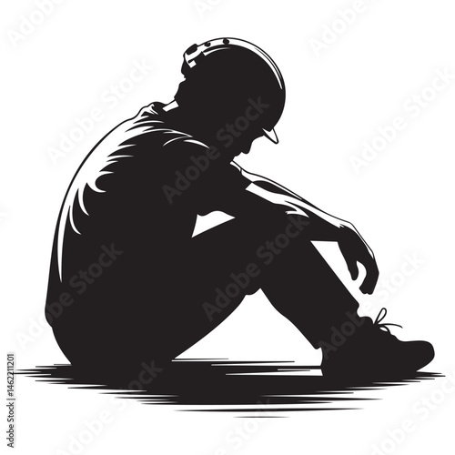 A man is sitting on the ground with his head down. He is wearing a helmet. The man is wearing a black shirt Vector Black silhouettes. with white background