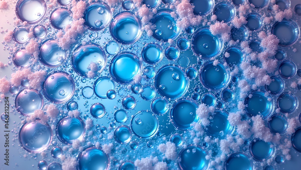 Blue liquid bubbles and white crystalline particles form a vibrant, abstract pattern under soft lighting. Blue liquid bubbles and white crystalline particles form a vibrant, abstract pattern under soft lighting.