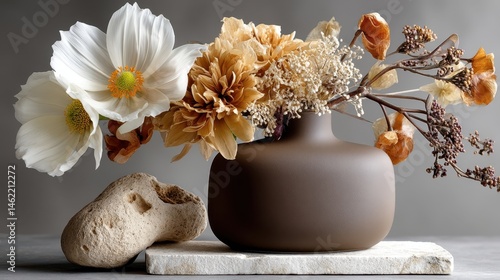 Obraz na płótnie Natural dried flower arrangement in a brown vase against a dark gray backdrop on white marble w salonie